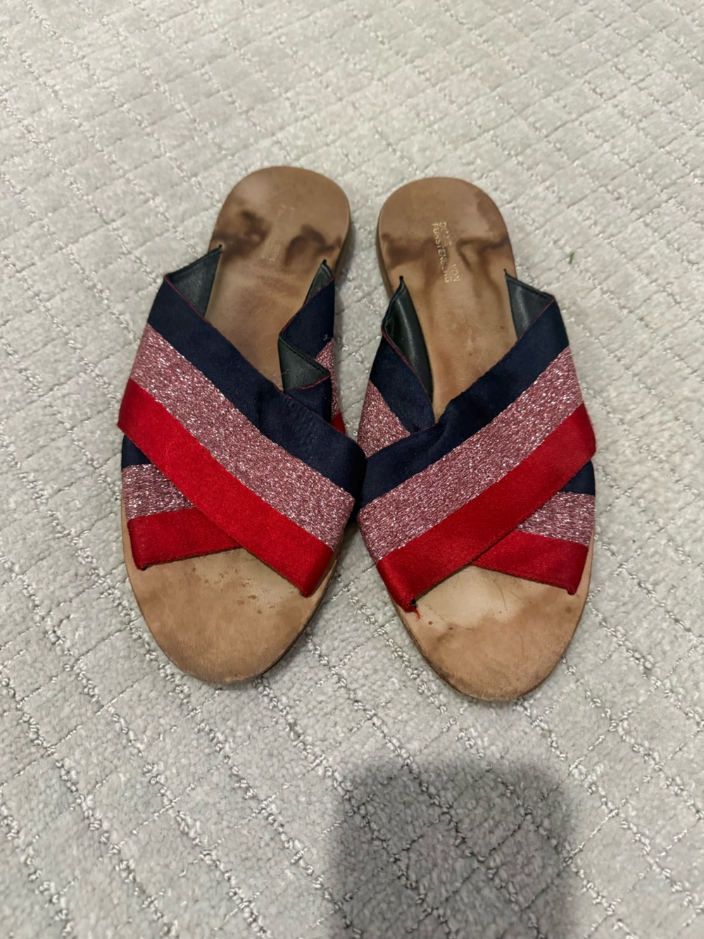 Diane Von Furstenberg Women's Red Navy Metallic Stripe Slide Sandals